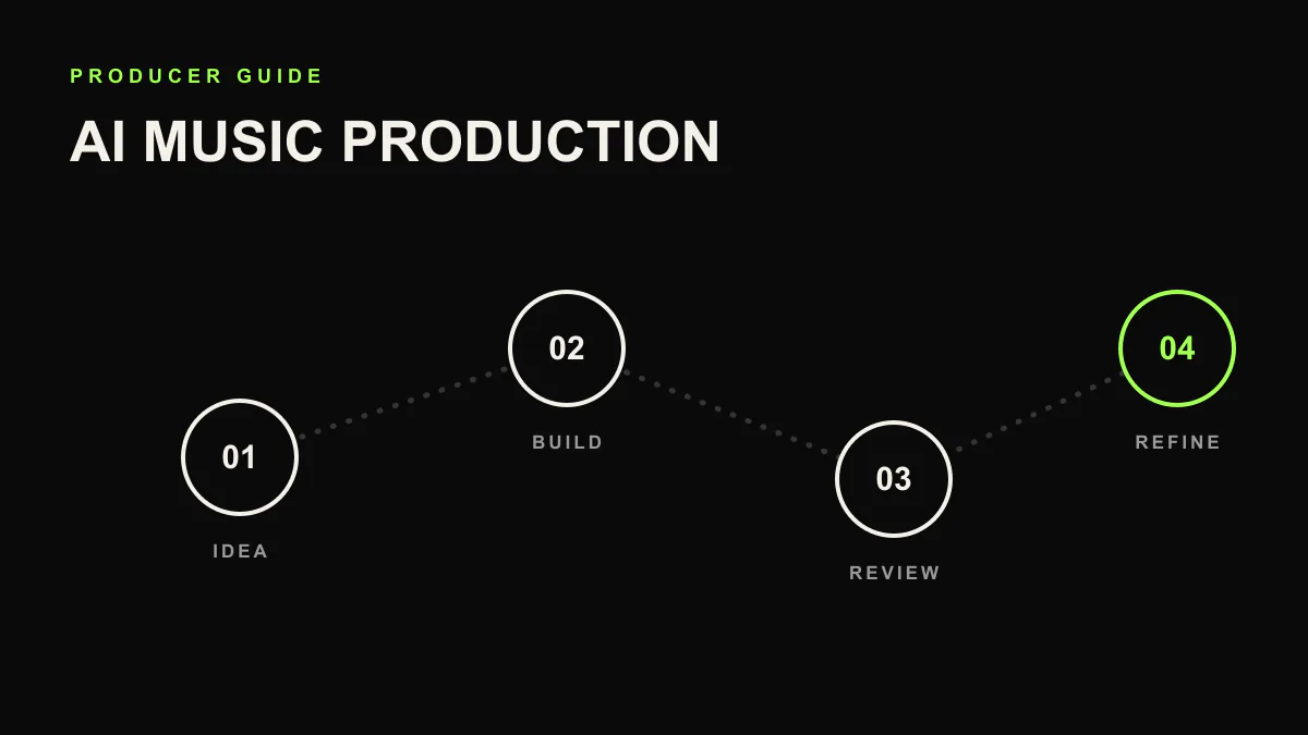 AI music production guide cover showing an idea, build, review, edit, and refine loop
