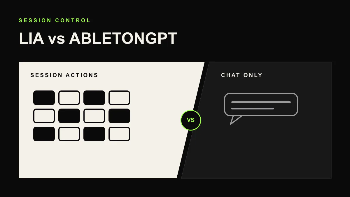 LIA versus AbletonGPT cover with a session grid and conversational controls