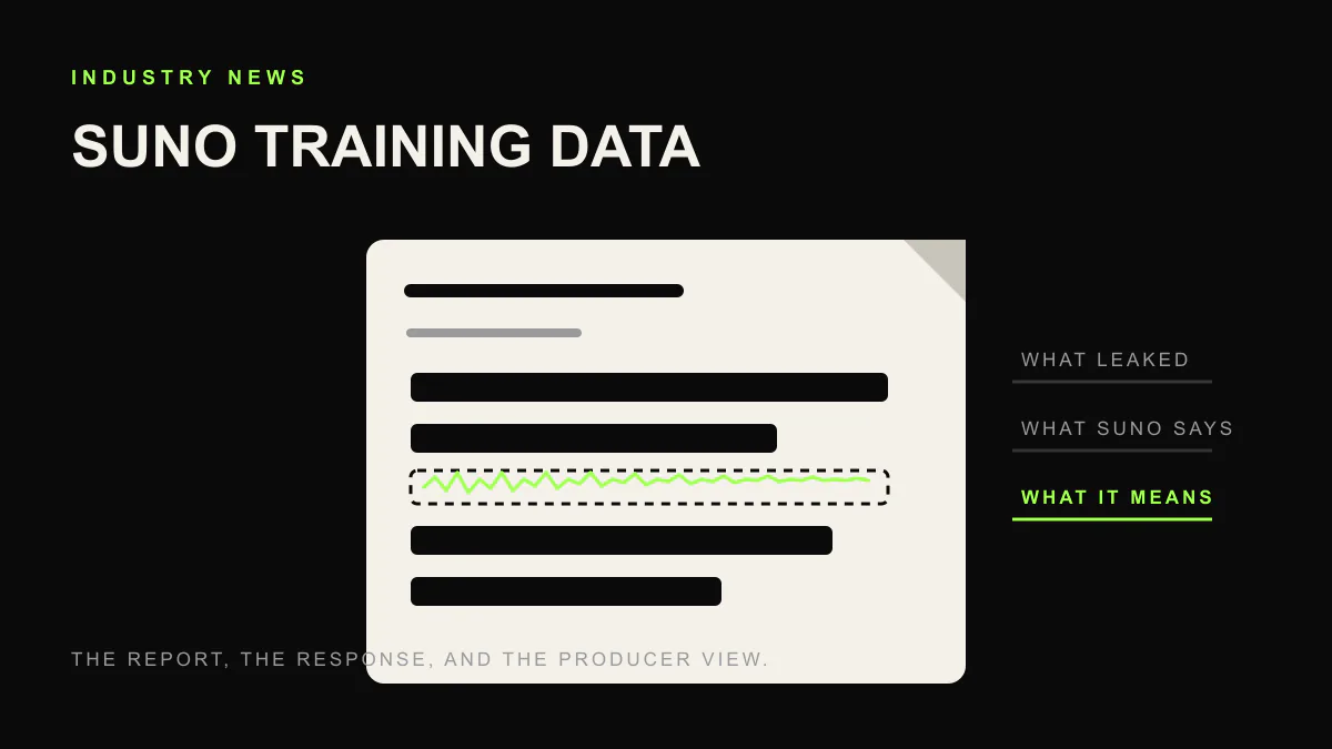 Redacted document sheet with one lifted bar revealing an audio waveform, for the Suno training data report