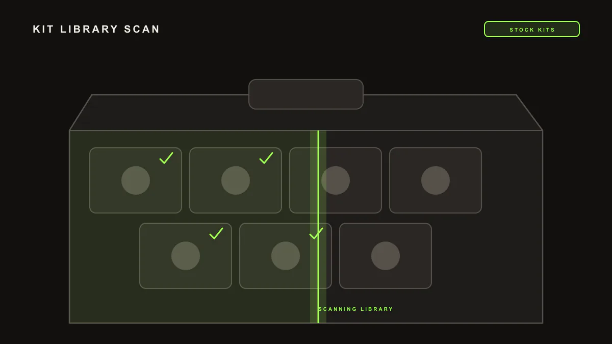 Diagram of a circle divided by a scan line, scattered marks becoming an organized grid, representing a stock library scan.