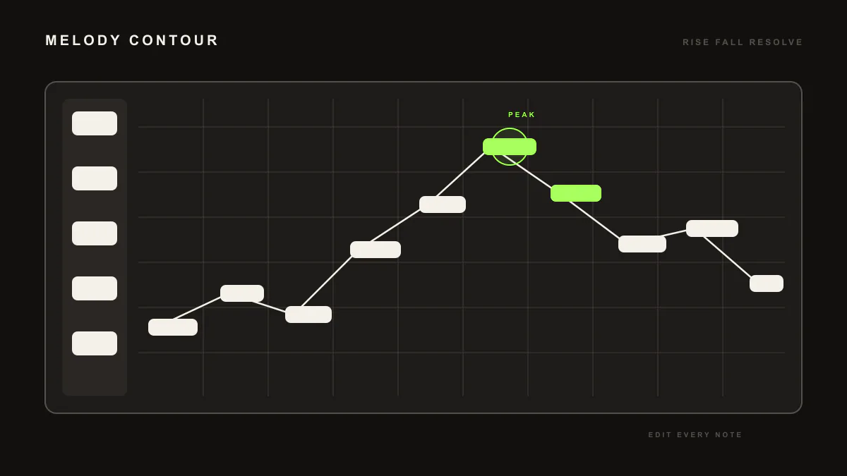 Diagram of a rising and falling ribbon line leaving note markers, representing a generated melody line.
