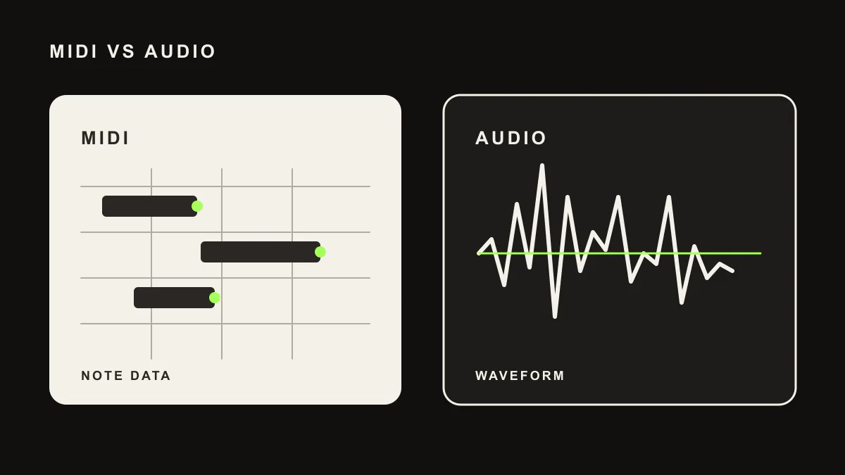 Music production glossary comparison of editable MIDI note data and a rendered audio waveform